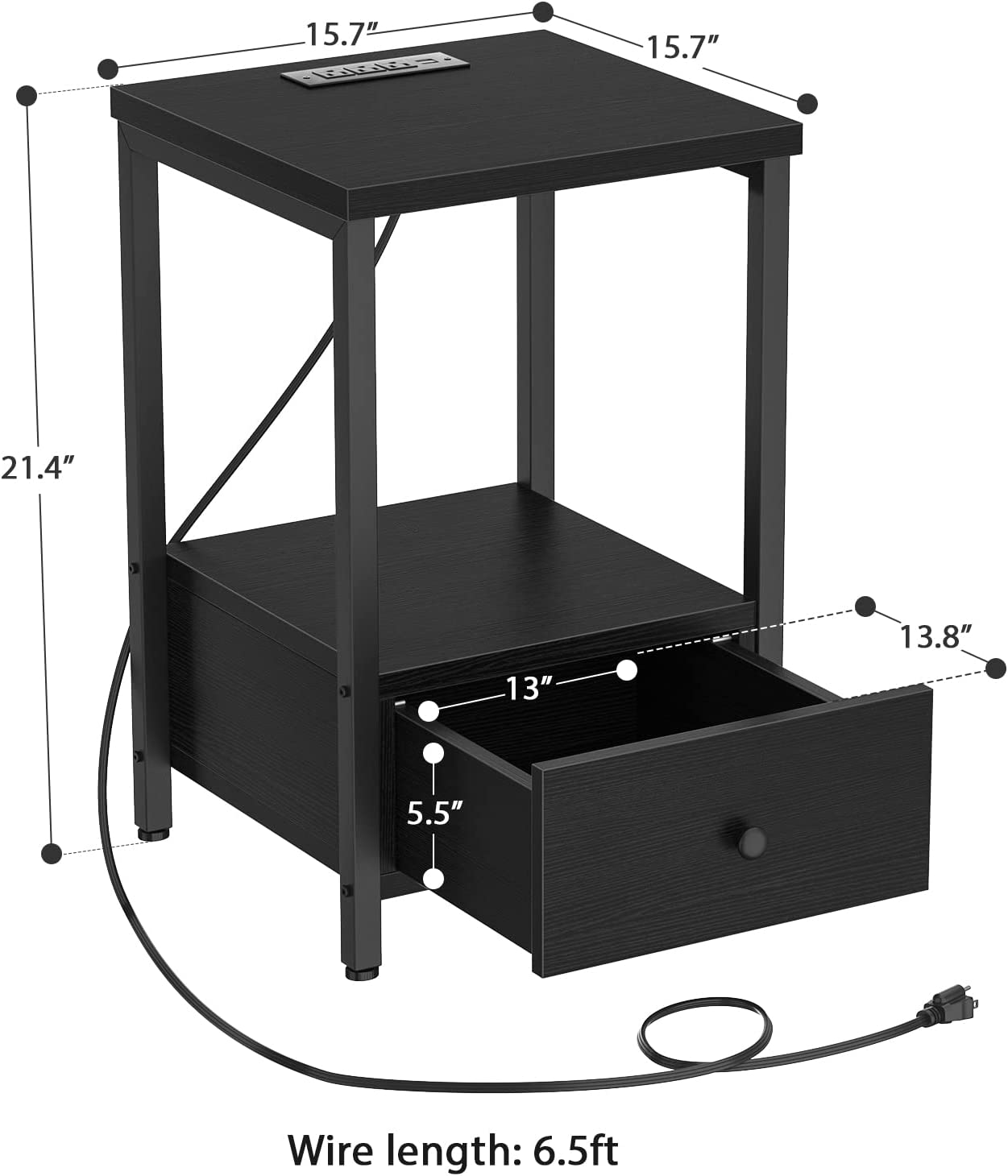 Black Nightstands Set of 2 with Charging Station, Modern Night Stand