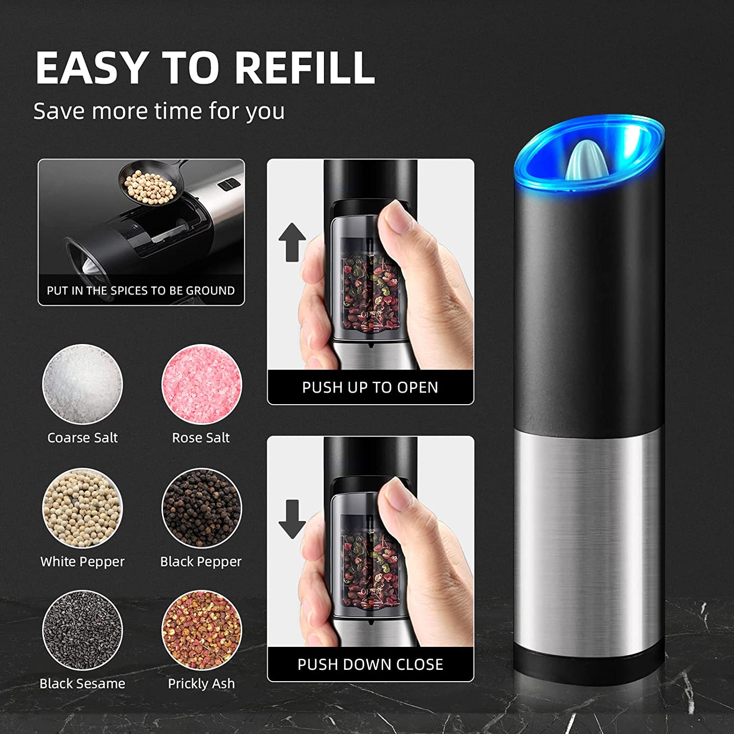 Rocyis Electric Salt and Pepper Grinder-Gravity Automatic Spice Mill ...