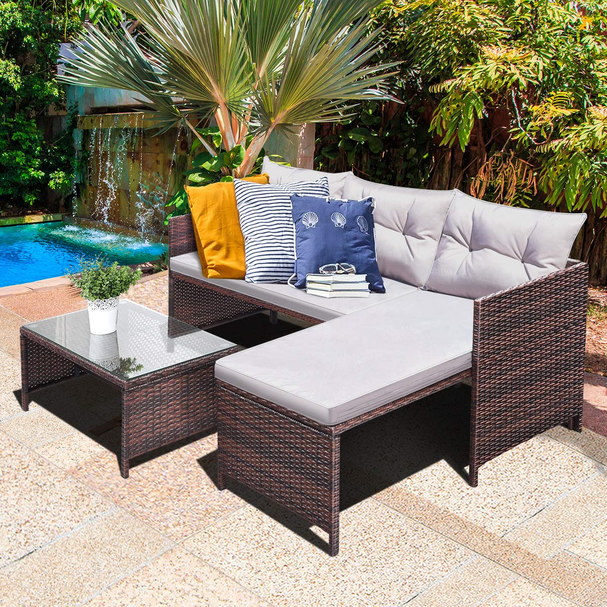 Tangkula 3 PCS Outdoor Rattan Furniture Sofa Set Lounge  