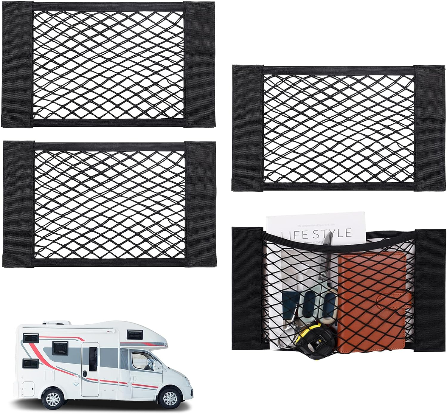 4PCS RV Cargo Storage Mesh Net, Elastic Stretchable Netting Pocket with ...
